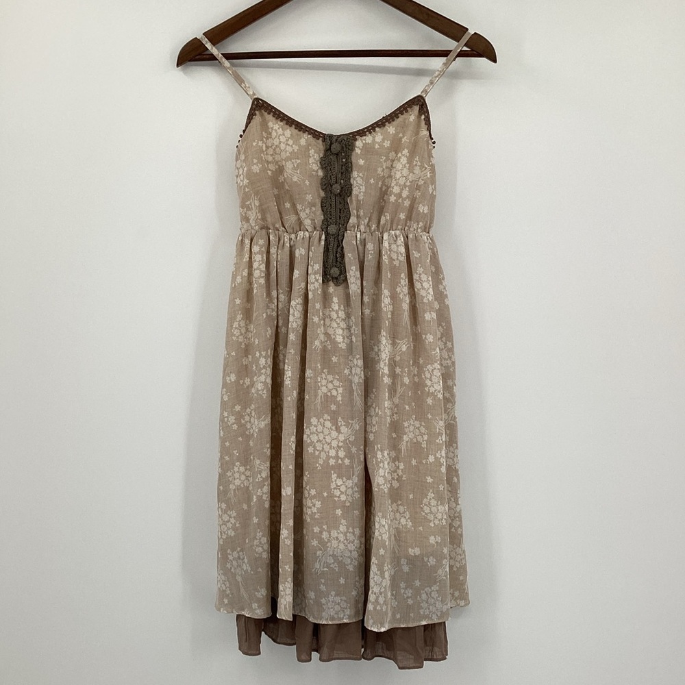 A'Reve Beige Floral Layered Babydoll Sundress with Crochet Detail
